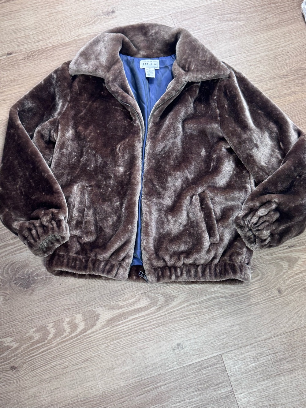 For The Republic Brown Faux Fur Suede Jacket Size M Zip Front Plush Collar